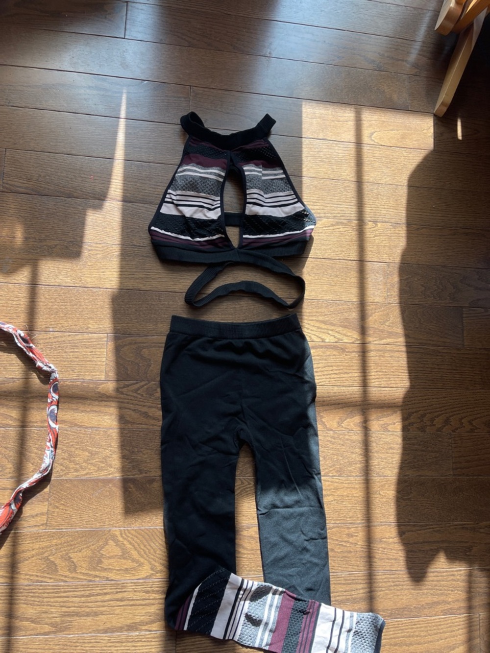 FP Movement by Free People Black Leggings with Striped Burgundy & Cream Panel